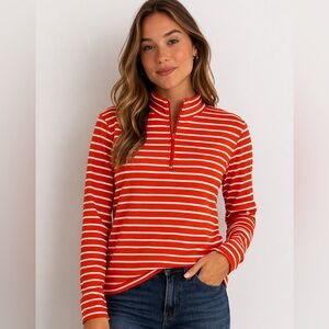LL Bean Women's L French Sailor 1/4 Zip Pullover Orange White Stripe Long Sleeve